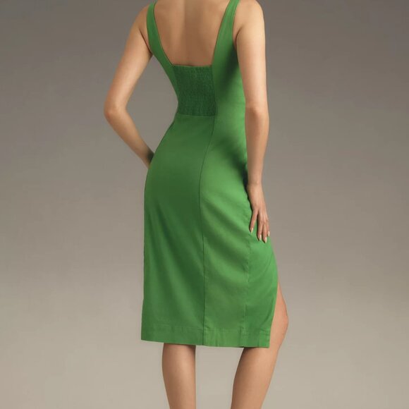 By Anthropologie Sleeveless Square-Neck Linen Button Wrap Midi Dress Green M - Picture 2 of 5